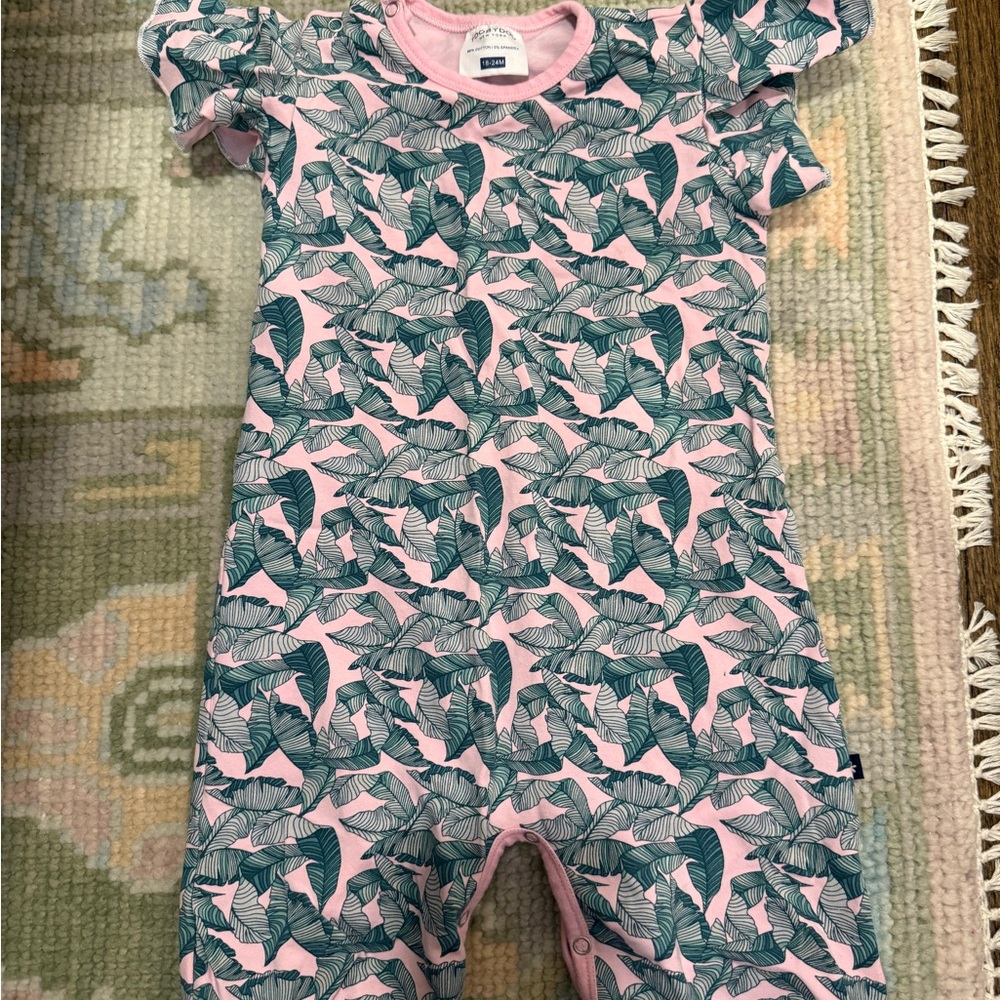 Toobydoo Pink and Green Leaf Pattern Romper